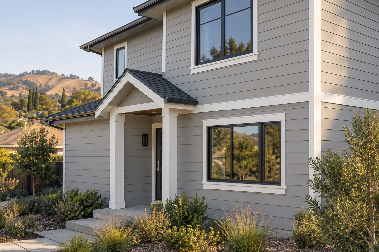 Detailed view of a two-story East Bay home with new warm-gray horizontal siding